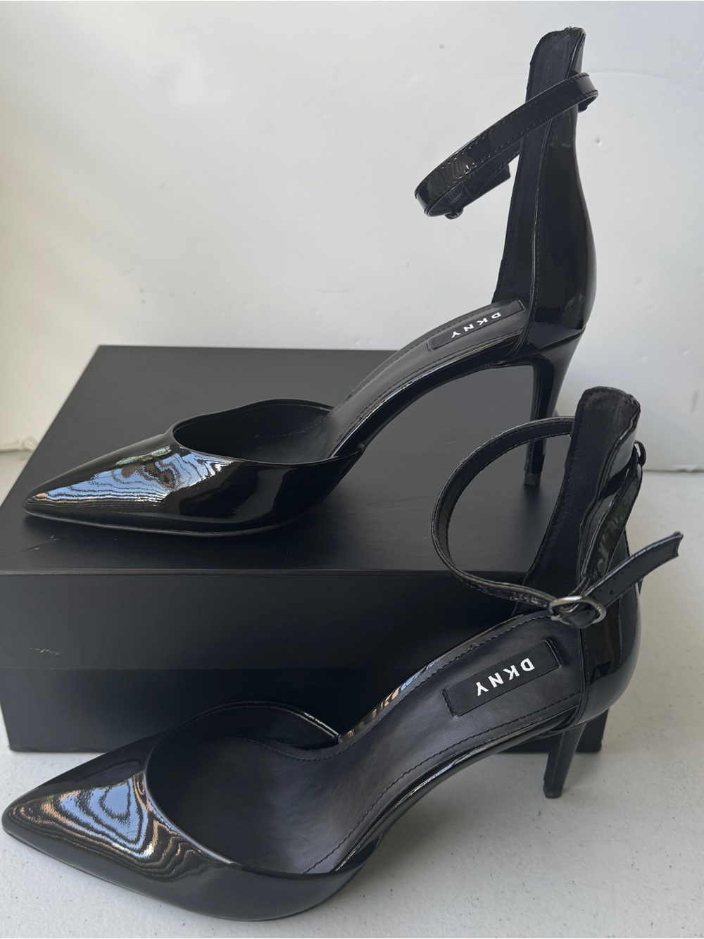 DKNY Black Patent Leather Pointed Ankle-Strap Heels